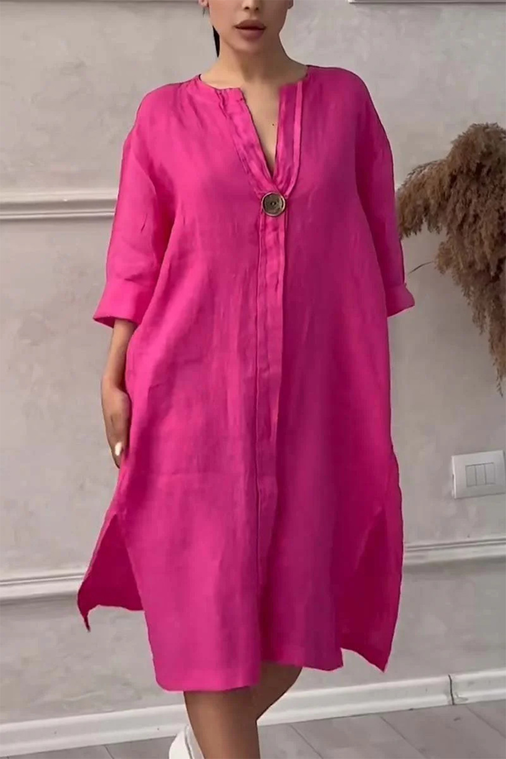 Plus Size Casual Olive Green Cotton And Linen Button Long Sleeve Midi Dress 2024 - Flycurvy 