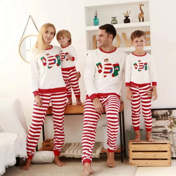 Christmas Socks Cartoon Print Stripes Family Matching Pajamas Set