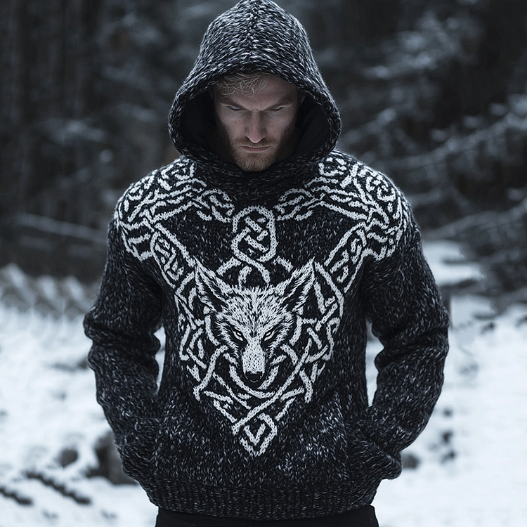 VChics Men's Viking Tribal Wolf Jacquard Celtic Inspired Chunky Knit Hooded Sweater