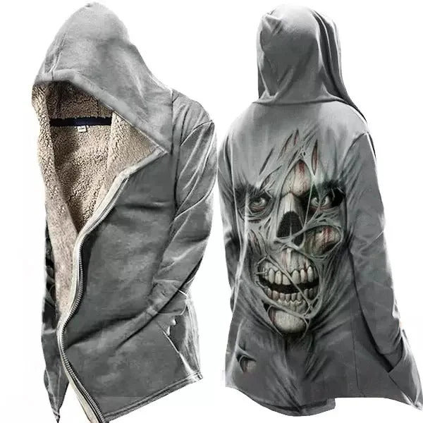 【2nd 50% Off】Mens Vintage Skull Print Tactical Zip Up Hooded Fleece Jacket