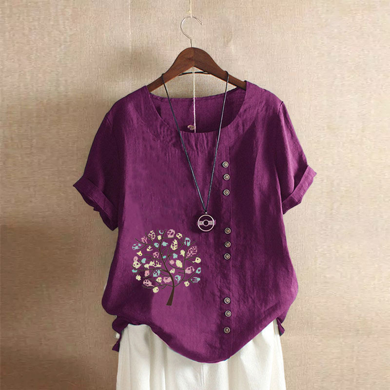 Northwnidgrp Round Neck Short Sleeved Pullover Shirt 2025 Women's Summer Retro Casual Loose Cotton Linen Pullover Large Blouses