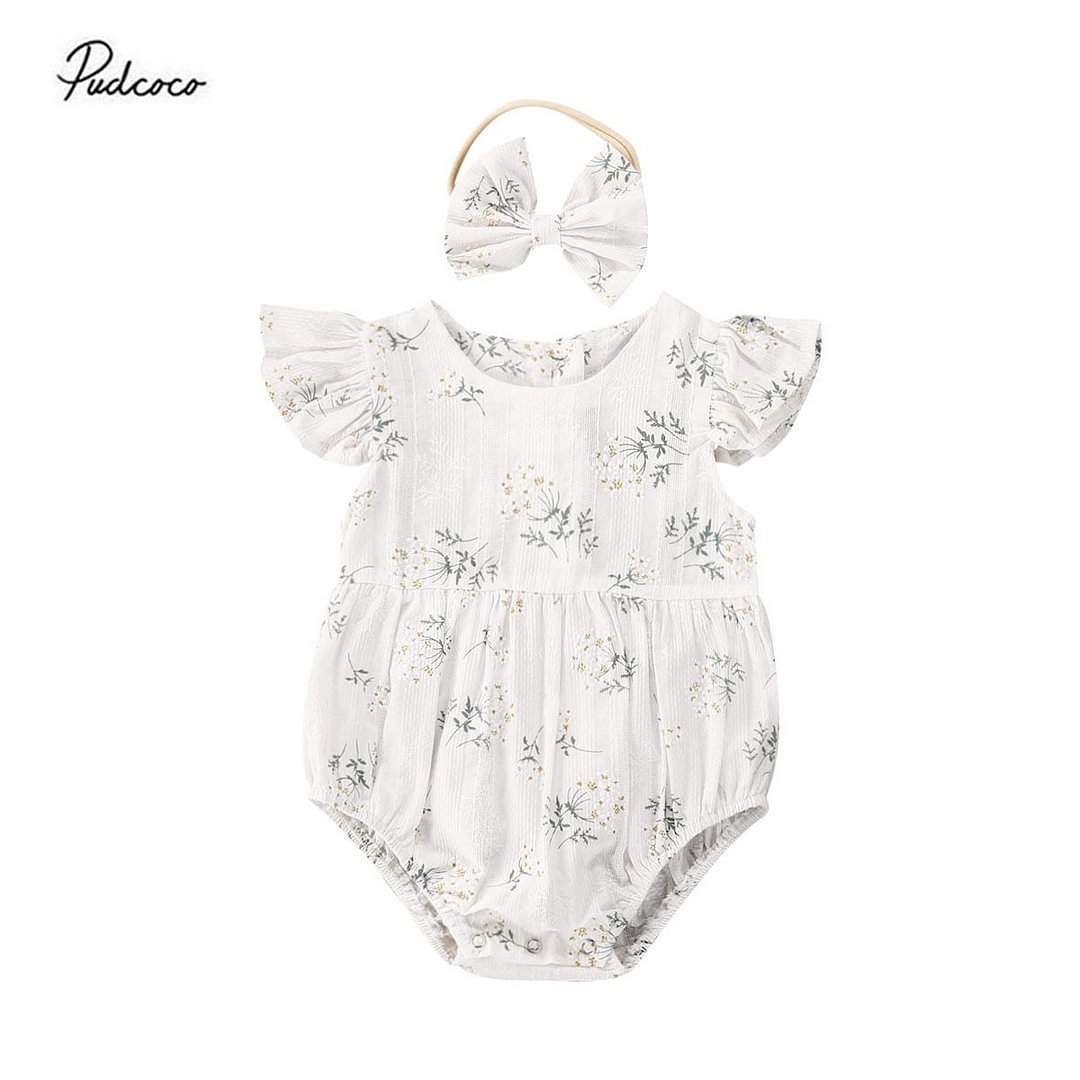 2PCS Toddler Kids Baby Girl Clothes Floral Jumpsuit Summer Sleeveless Bodysuit Sunsuit Outfits Headband
