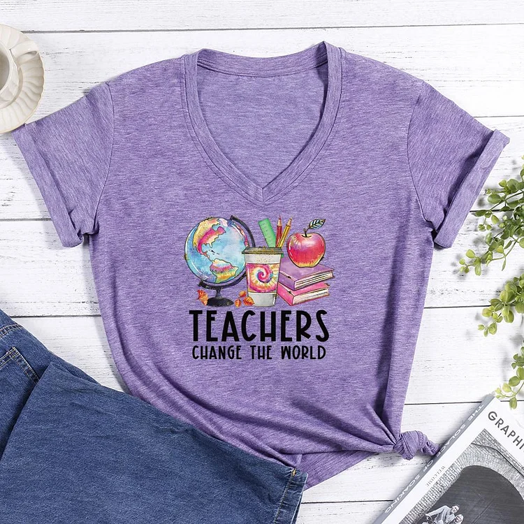 Teachers Change The World V-neck T Shirt-Annaletters