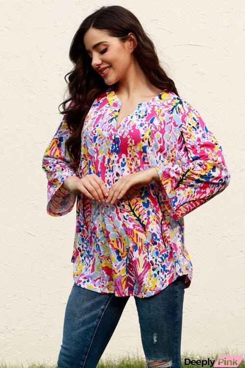Plus Size Printed Notched Long Sleeve Blouse