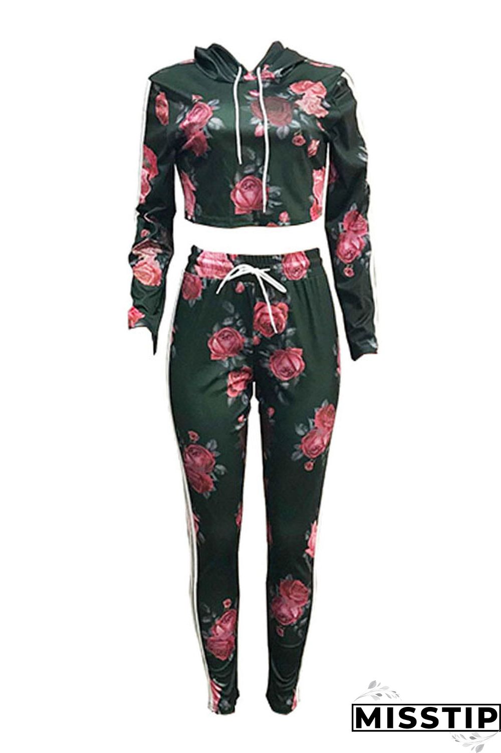 Green Casual Hooded Collar Floral Printed Knitting Two-piece Pants Set (Batch Print)