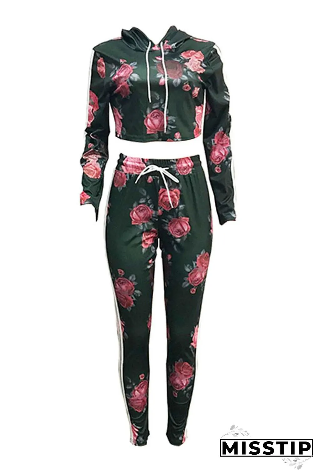 Green Casual Hooded Collar Floral Printed Knitting Two-piece Pants Set (Batch Print)