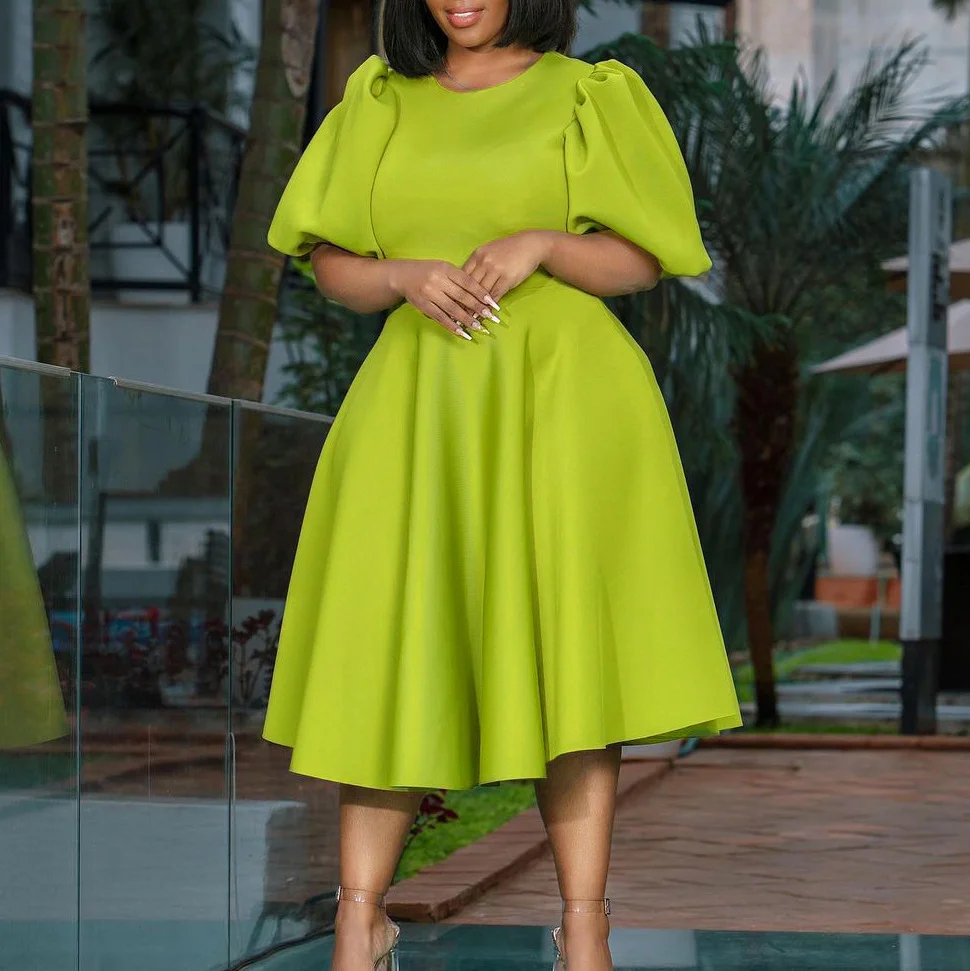 Puff Sleeve Big Swing Party Dress - Yellow