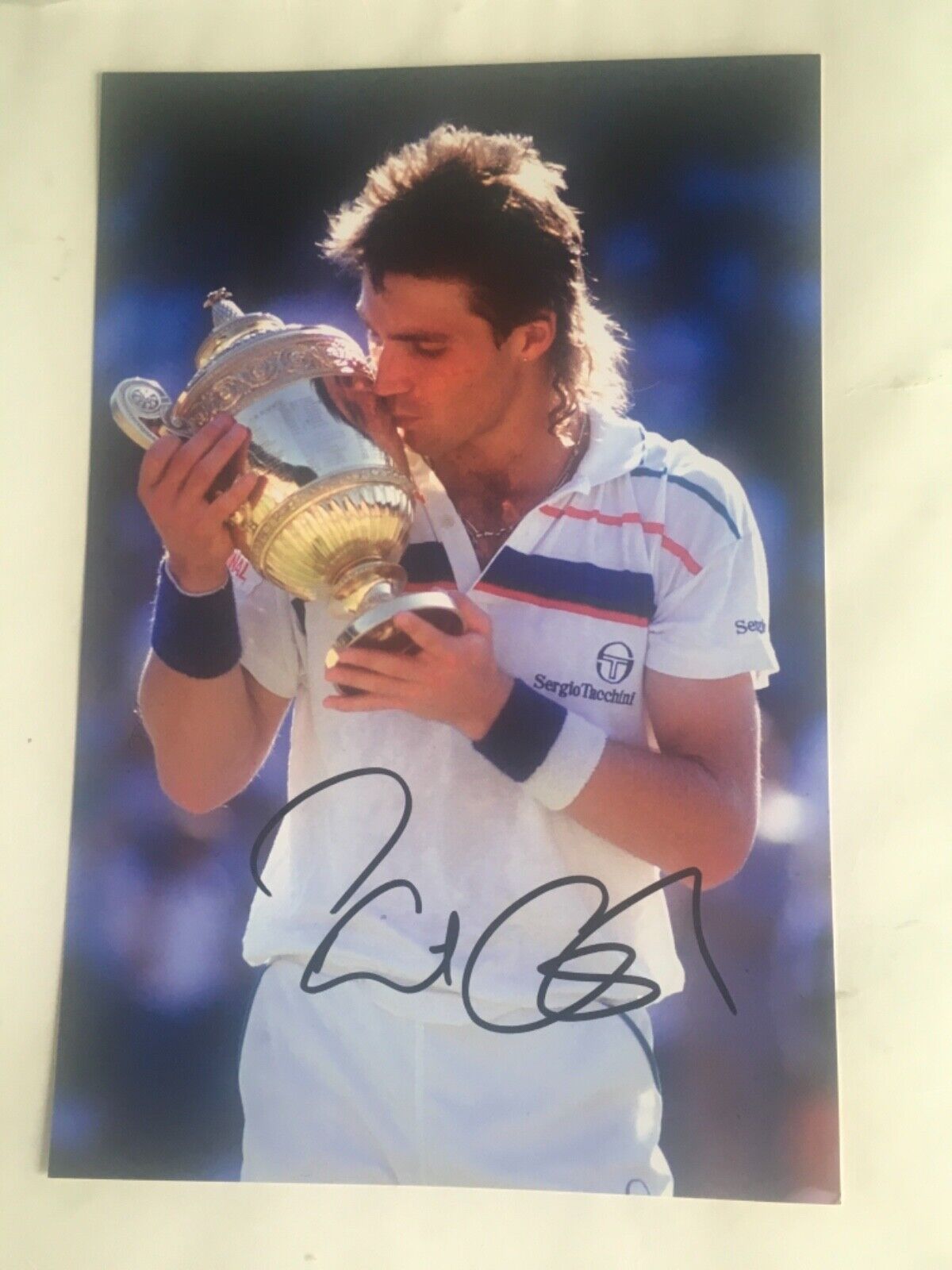 Legend Tennis Pat Cash Australia kissing Wimbledon trophy signed 12 x 8 Photo Poster painting