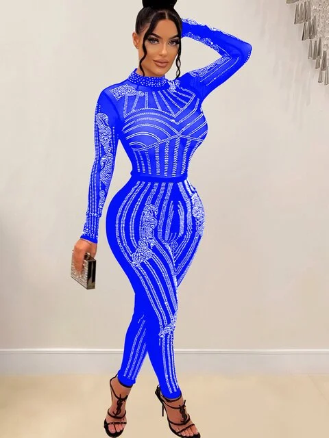 Beautiful Geometric Mesh Crystal Jumpsuits Women Rompers New Luxury See-Through Sequins Party Jumpsuits Night Out Wear