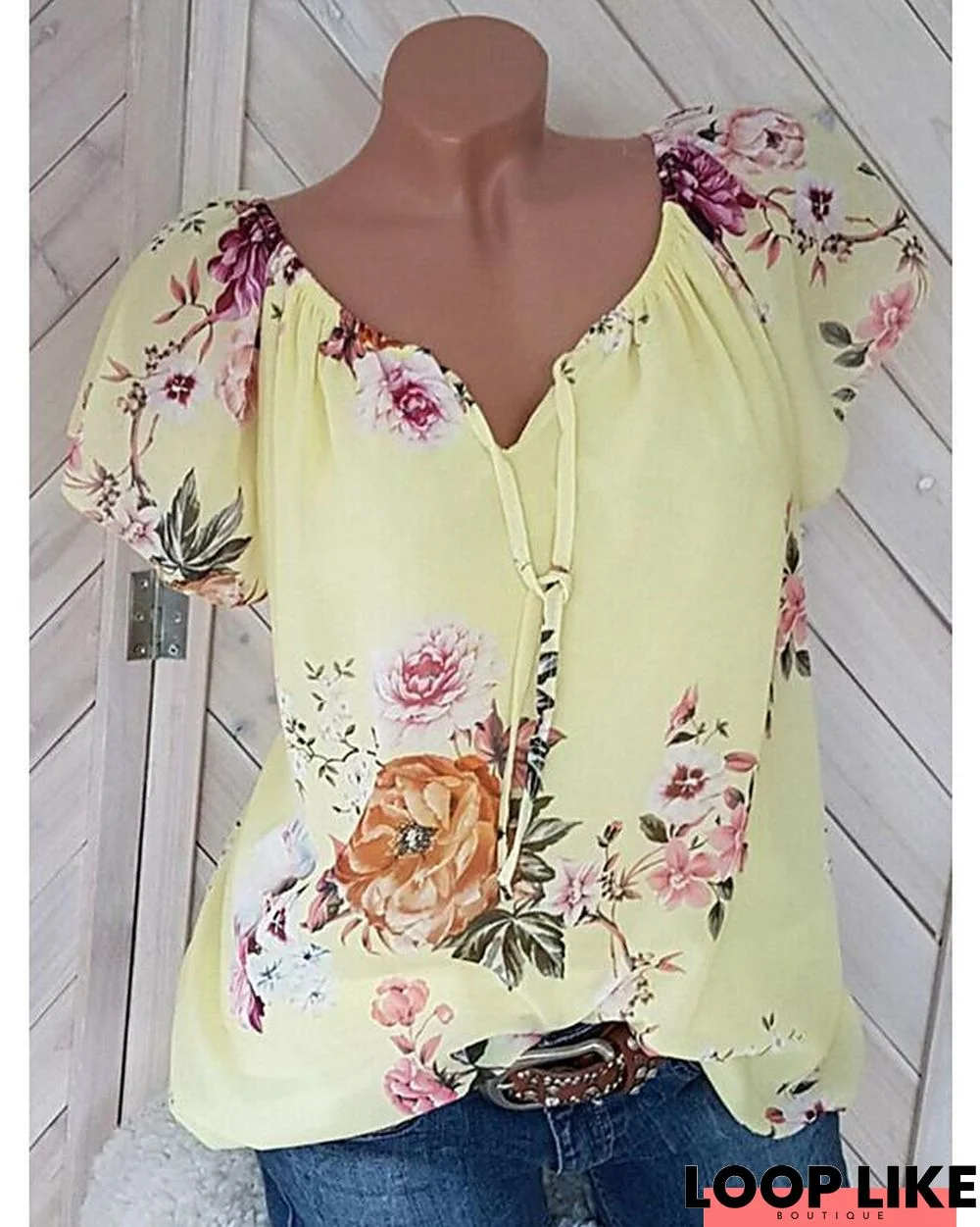 Women's Plus Size Blouse Shirt Floral Pattern Flower V Neck Tops Loose Streetwear Basic Top White Red Yellow-0207822