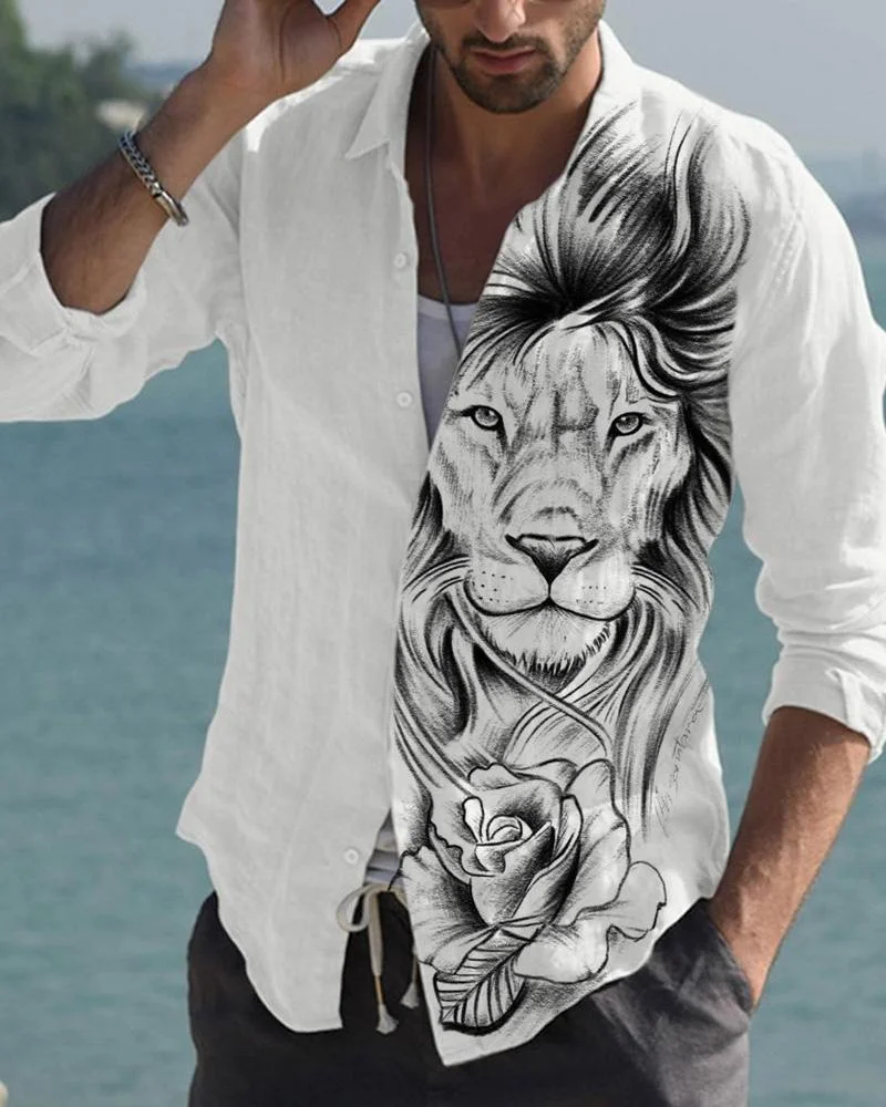 Men's Cotton Abstract Lion Printed Long Sleeve Cardigan Shirt