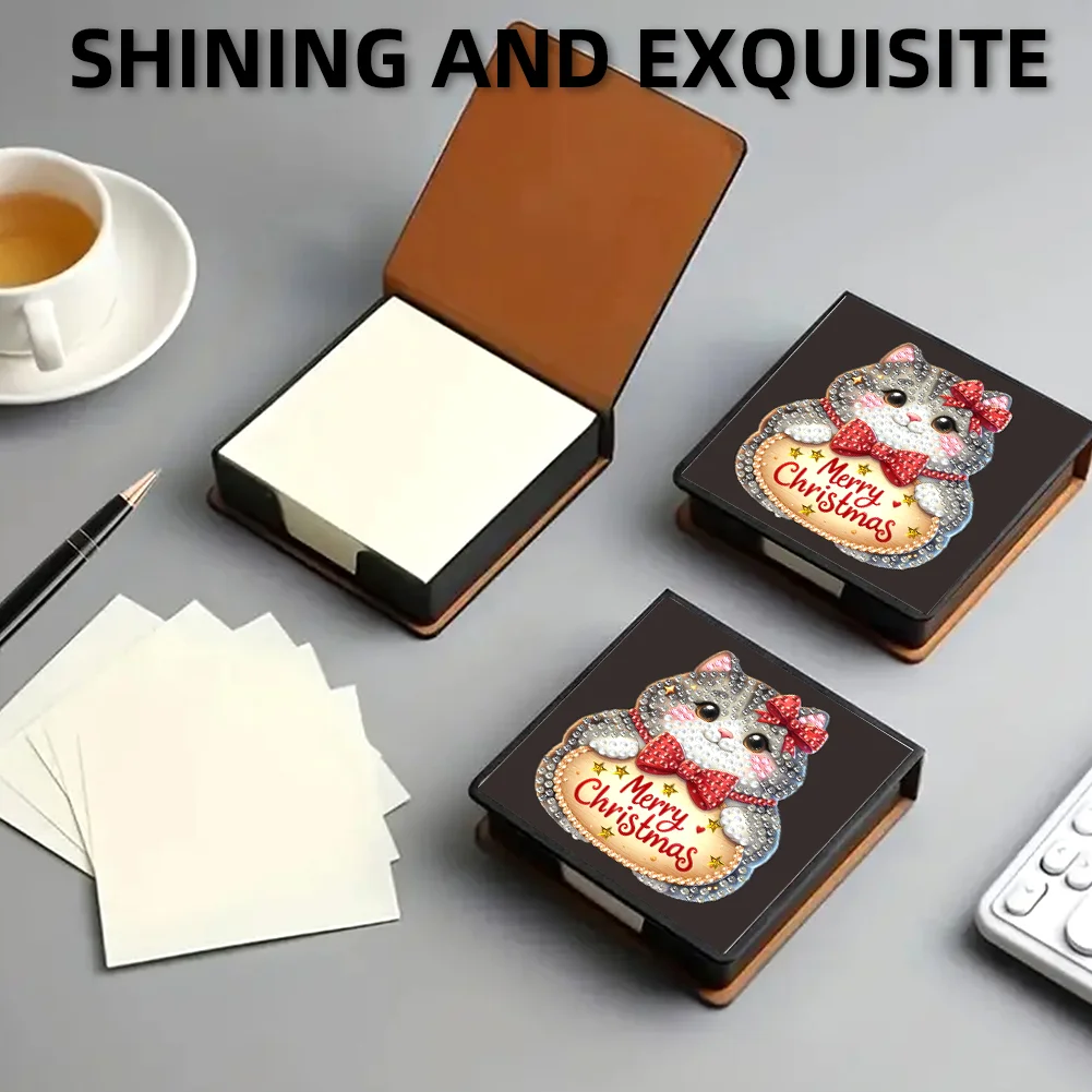 5D DIY PU Diamond Art Note Box with 160 Sheets Paper Memo Pad Holder Kit (Cat)