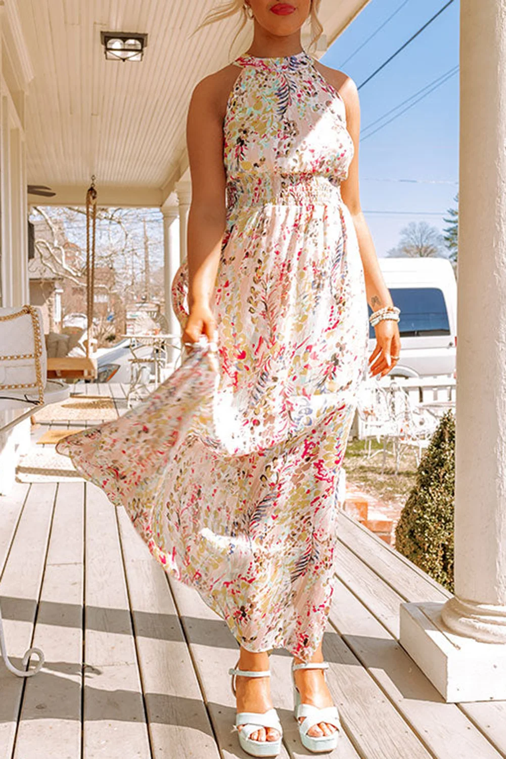 Multicolor Crisscross Backless Long Floral Dress | IFYHOME