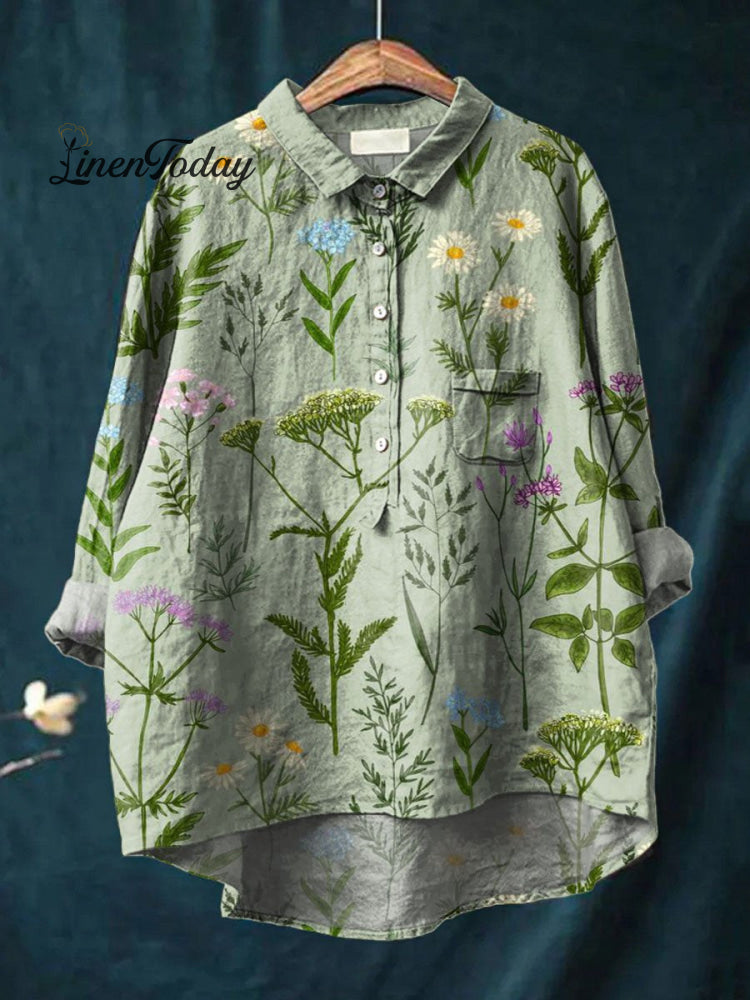 Women’s Vintage Lovely Floral Art Print Casual Cotton And Linen Shirt Multicolor / S