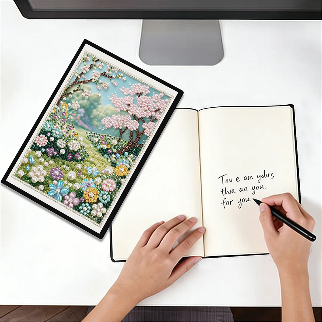 Spring Forest Partial Pearl DIY 50 Pages A5 Diamond Painting Notebook Special Shaped Diamond Art Diary Book Kits Wireless Strip 5D Crystal Art Paintings Sketchbook for Art Drawing