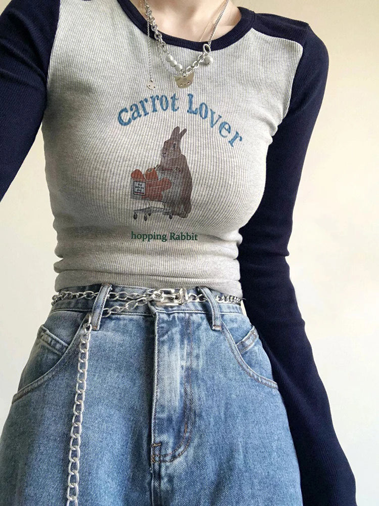 Geumxl-Fall Outfits Outwear Streetwear y2k Long Sleeve Top -Retro Cartoon T-shirts Women Patchwork Long Sleeve Top Female Fashion Round Neck Slim Tees Ladies Summer Letter Print Tshirt