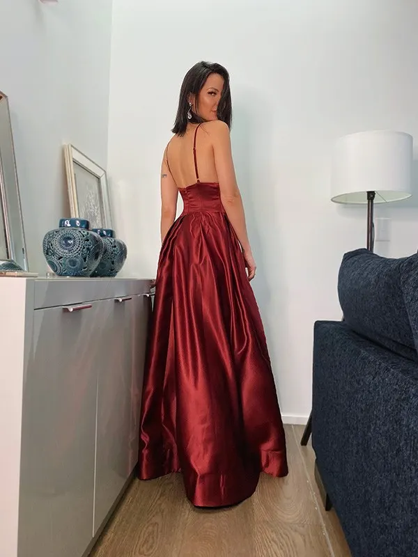 merlot-colored fitted dress with spaghetti straps Burgundy Spaghetti Strap Satin Long Prom Dress, Beautiful A-Line Eveni main image 1