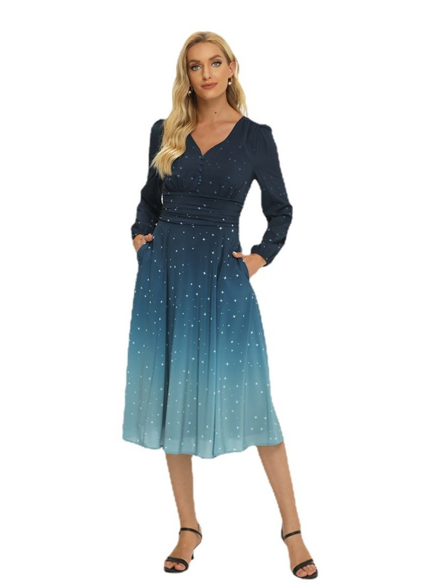 Women's Dress V-neck Long Sleeve Gradient Starry Sky Party Dress