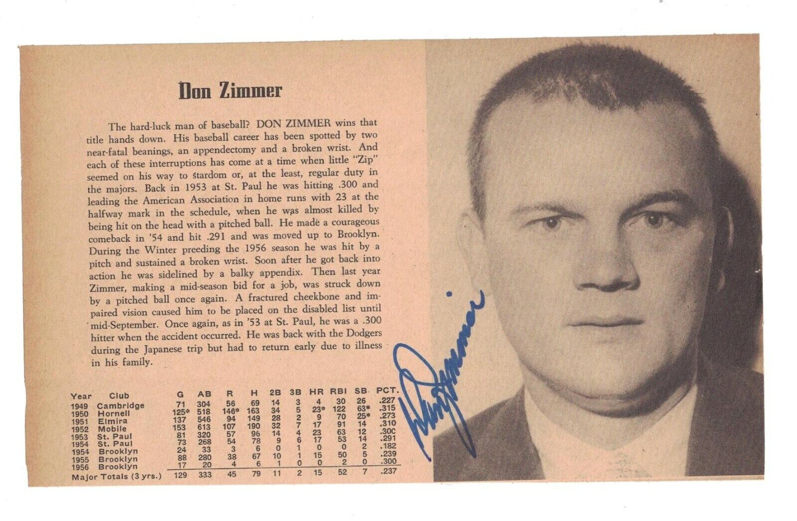 Don Zimmer Signed Autographed Photo Poster painting Brooklyn Dodgers 1957 Yearbook