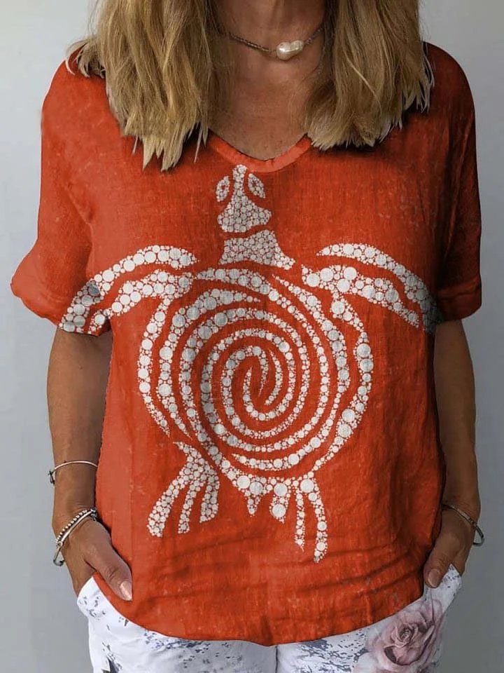 Women's Turtle Art Print Casual Cotton And Linen Shirt
