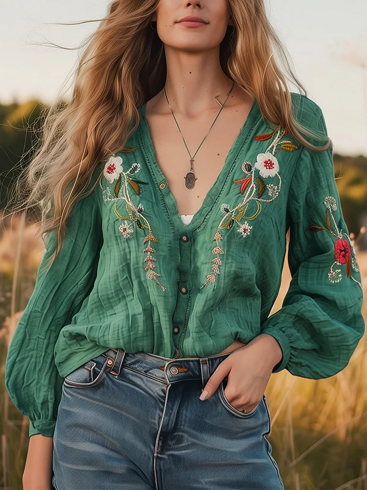Cotton and Linen Embroidered V-Neck Long Sleeve Shirt