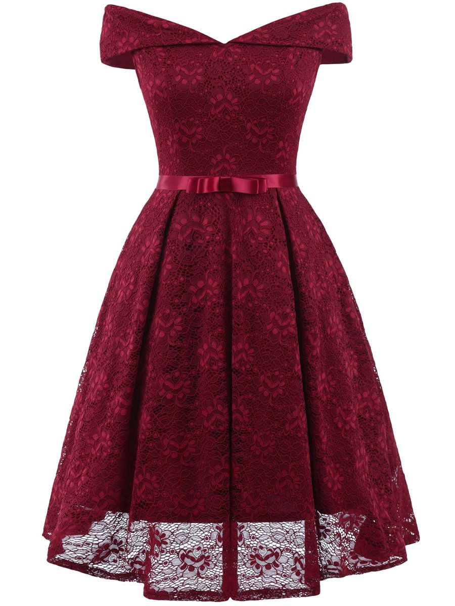 1950s Solid Color Elegant Lace With Bow Dress