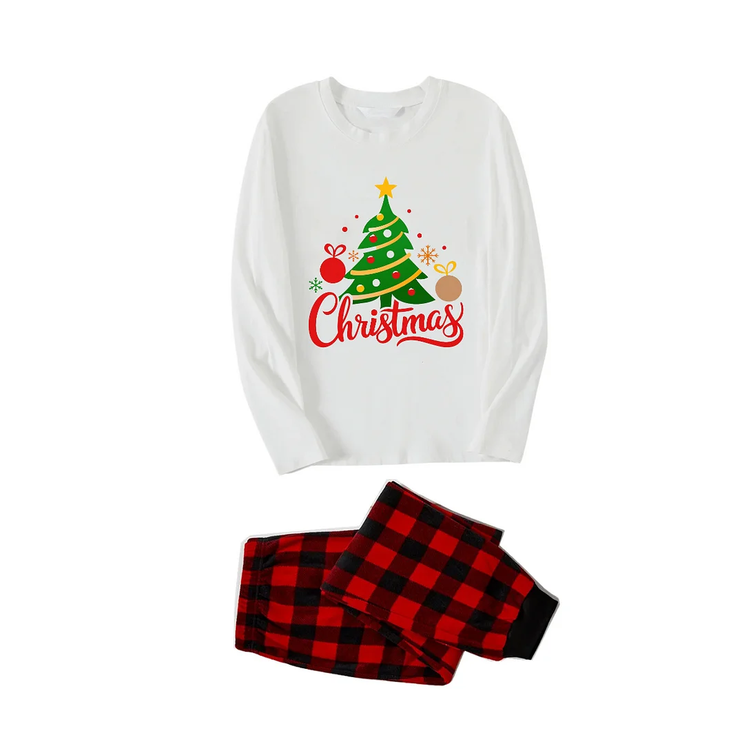 Christmas Tree Printed 2024 White Long Sleeve Top and Red & Black Plaid Pants Family Matching Pajamas