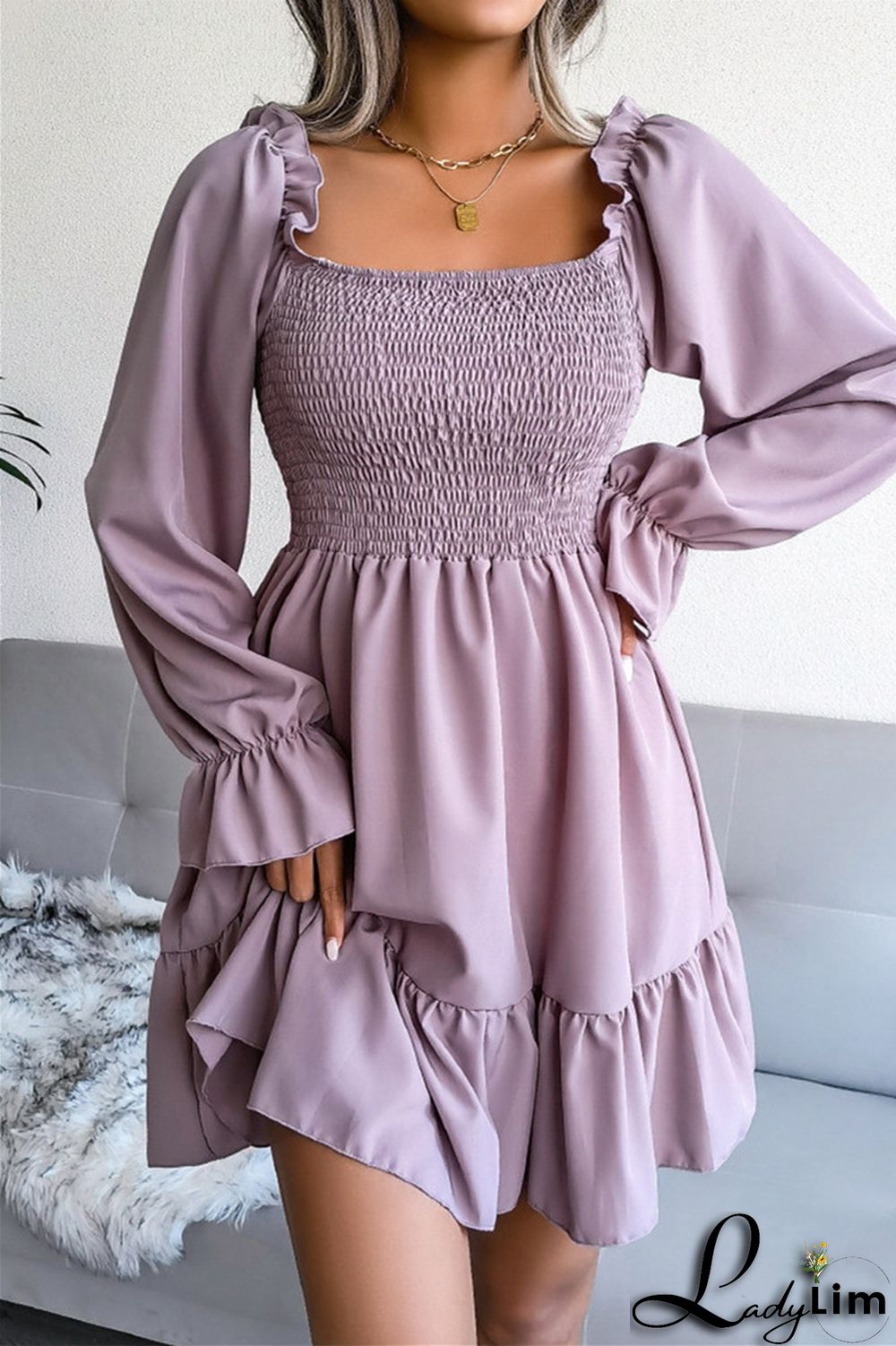 Burgundy Fashion Casual Solid Patchwork Square Collar Long Sleeve Dresses