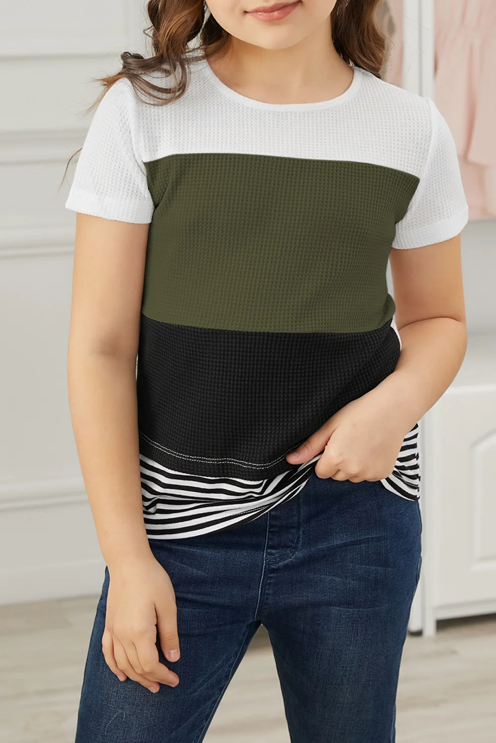 Green Parent-child Colorblock Striped Girls' T-shirt | IFYHOME