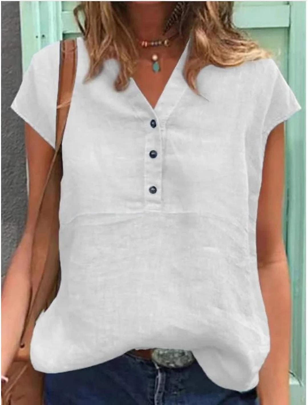 Cotton Tops Solid Color Buttons Casual Short Sleeve White Stand Collared Shirts for Women