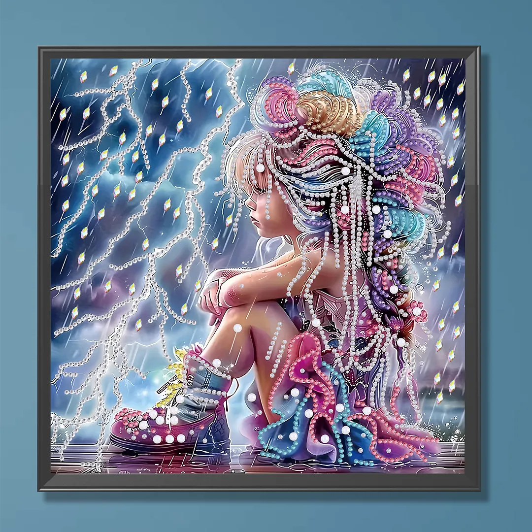 Rainy Beaded Girl Special Shaped 5D DIY Partial Drill Diamonds Dots Gem Art Kits for Adults Beginners Home Decor Diamond Dots Paintings Diamonds Paintings Gem Art 11.81 X11.81inch