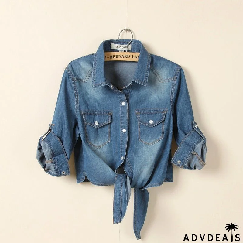 Puff Sleeve Bow Neck Denim Shirt