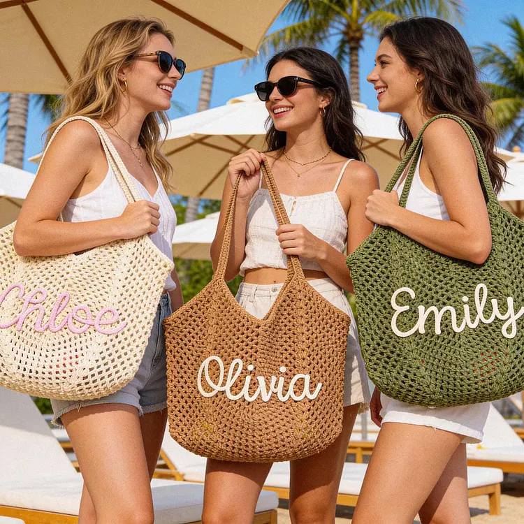 Personalised Straw Knitted Beach Bag and Crochet Tote - Unique Bridesmaid Gift Bags, Travel Wedding Favor, Bachelorette Trip Present