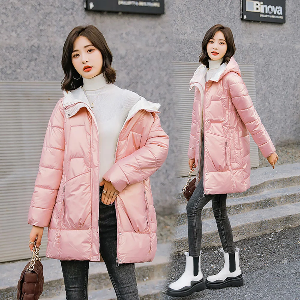Vielleicht New Winter Thicken Women's Puffer Coat Glossy Warm Hooded Long Cotton Padded Jacket Ladies Winter Down Cotton Parkas