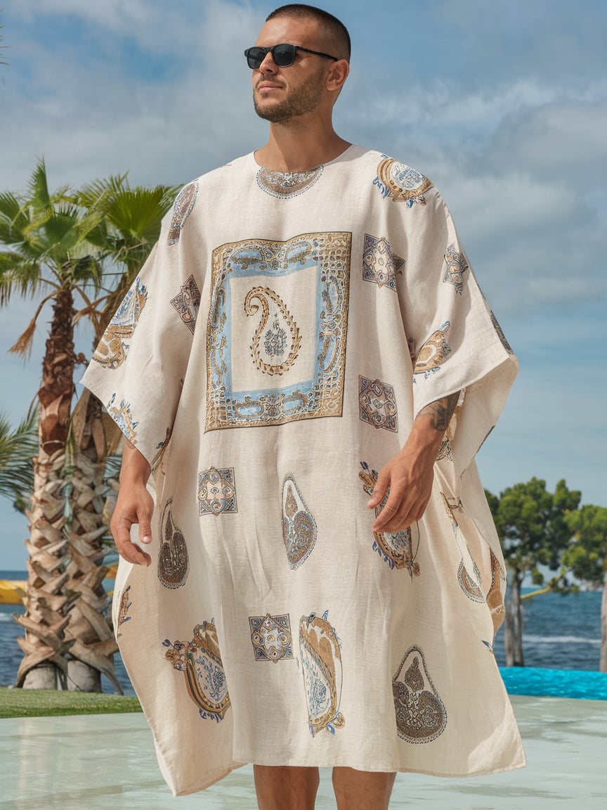 Men's Stripe Printed Linen Long Kaftan