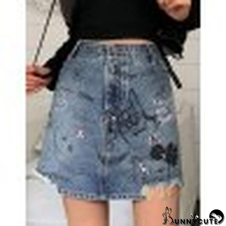 Graffiti Print Distressed Denim Mini Skirt