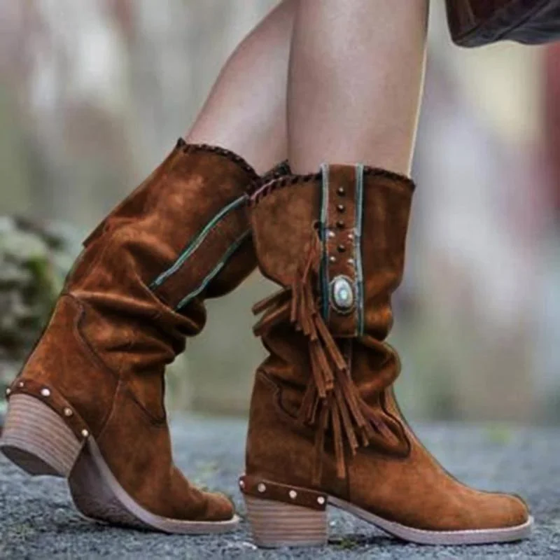 Women Fringed Suede Mid-Calf Boots