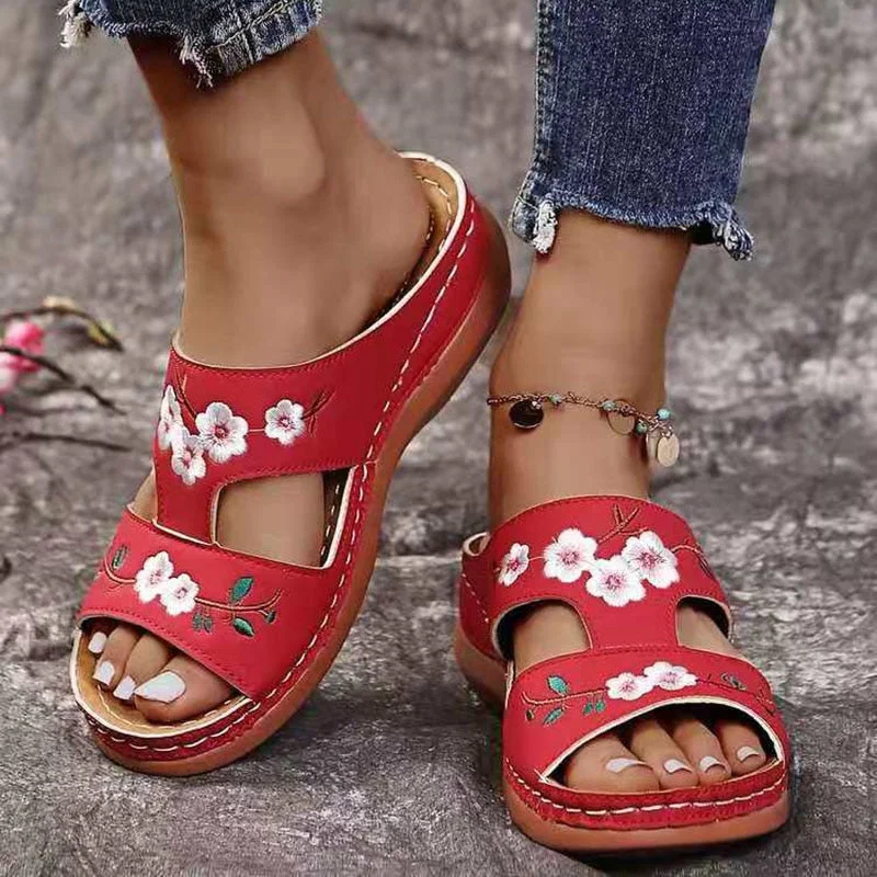 Rimocy Fashion Embroider Soft Slippers Women Summer Open Toe Flock Comfort Beach Shoes Mujer 2022 Outdoor Thick Bottom Slippers