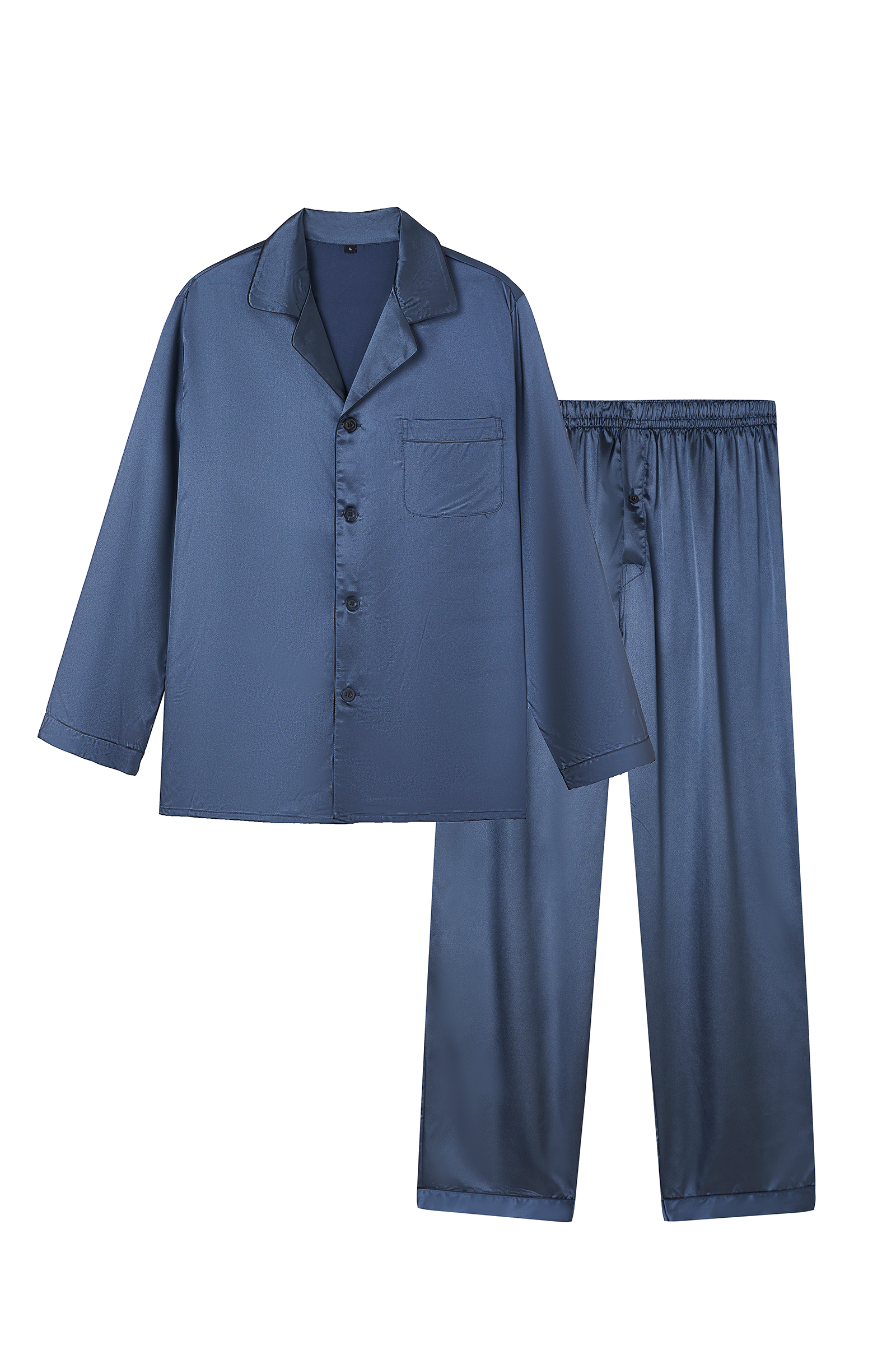 Jupitersecret Men's Silk Pajamas Set Long Sleeve Button-Down Sleepwear With Pockets，Gray blue