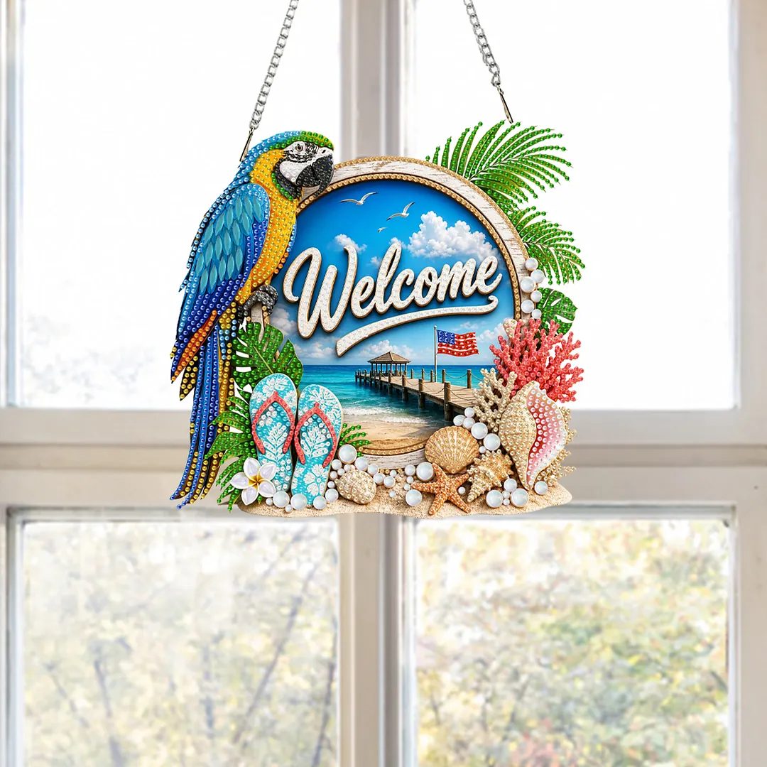 Parrot Beach Welcome Sign 2D Flat DIY PET Diamond Painting Pendant Special Shape Hanging Gem Art Paintings Charm Single Side Drill for Adults Home Wall Window Decor