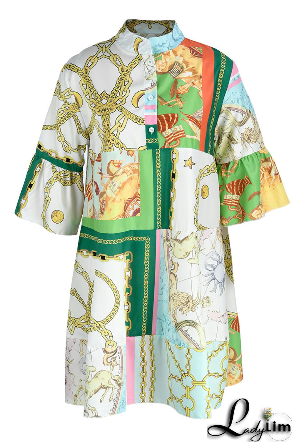 Gold Fashion Casual Print Patchwork V Neck A Line Dresses