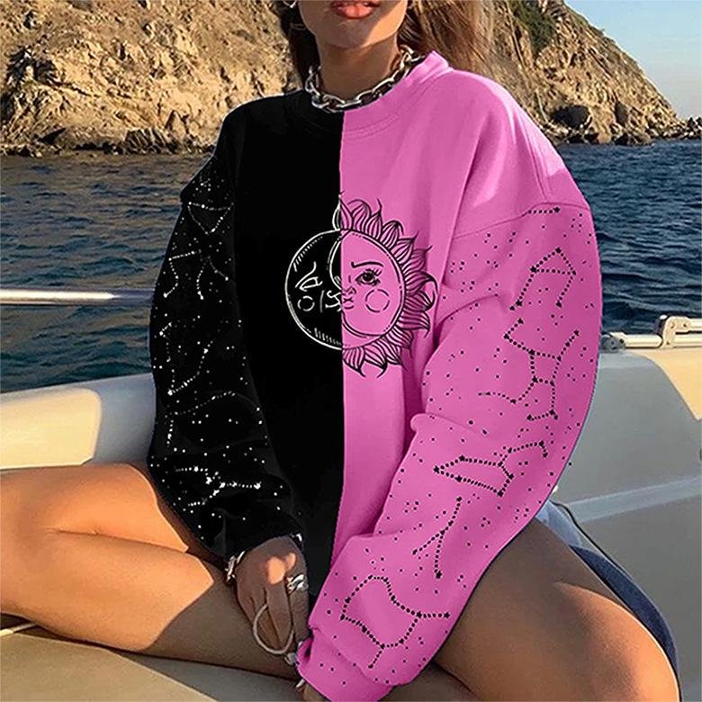 Ladies Sun Moon God Print Sports Long Sleeve Round Neck Loose Casual Pullover Sweater-Allyzone-Allyzone