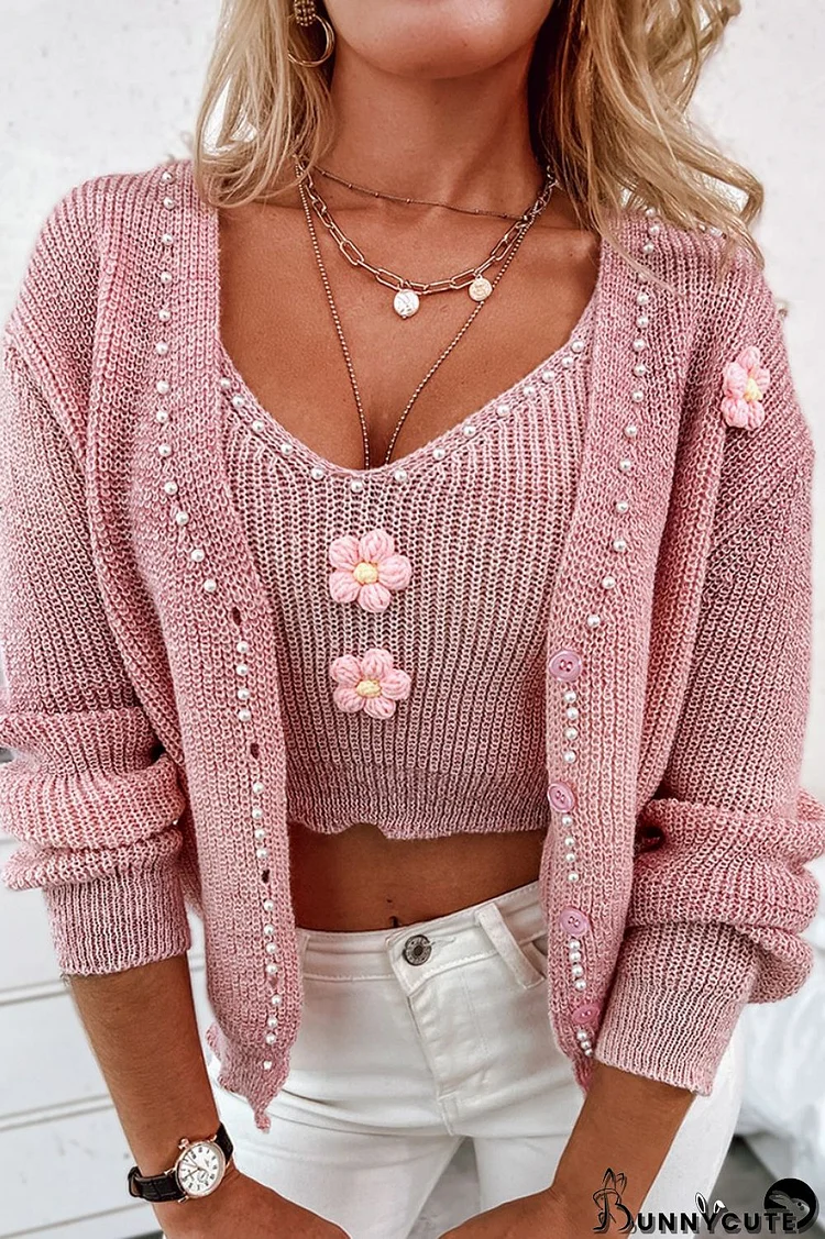 Pink Casual Solid Patchwork Cardigan Vests Long Sleeve Two Pieces