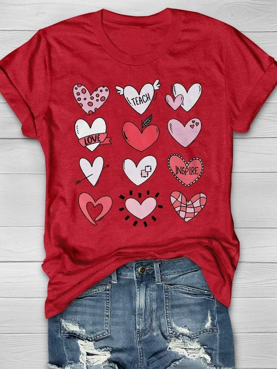Love Teach Inspire Teacher Valentine Print Short Sleeve T-shirt