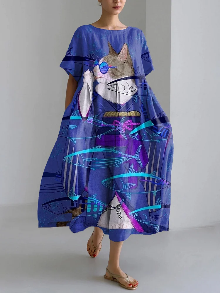 Vintage Kimono Cat Pattern Linen Blend Maxi Dress