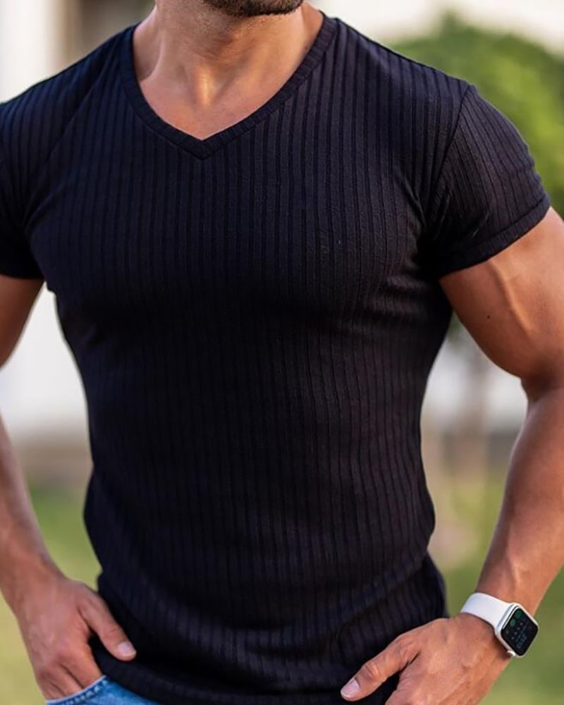 Solid Cokor V-Neck Short Sleeve Knitted T-Shirts for Men-VESSFUL