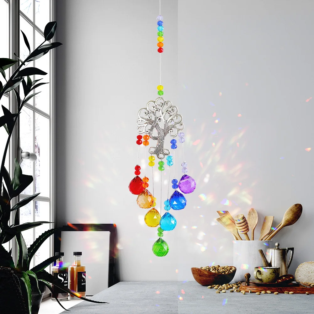 Crystal Windchime Tree of Life Light Catcher Ball Home Pendant (Multicolor)