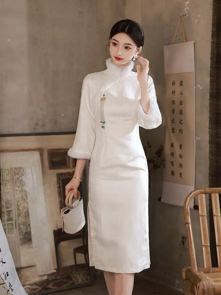 Winter collection, jacquard white midi Cheongsam