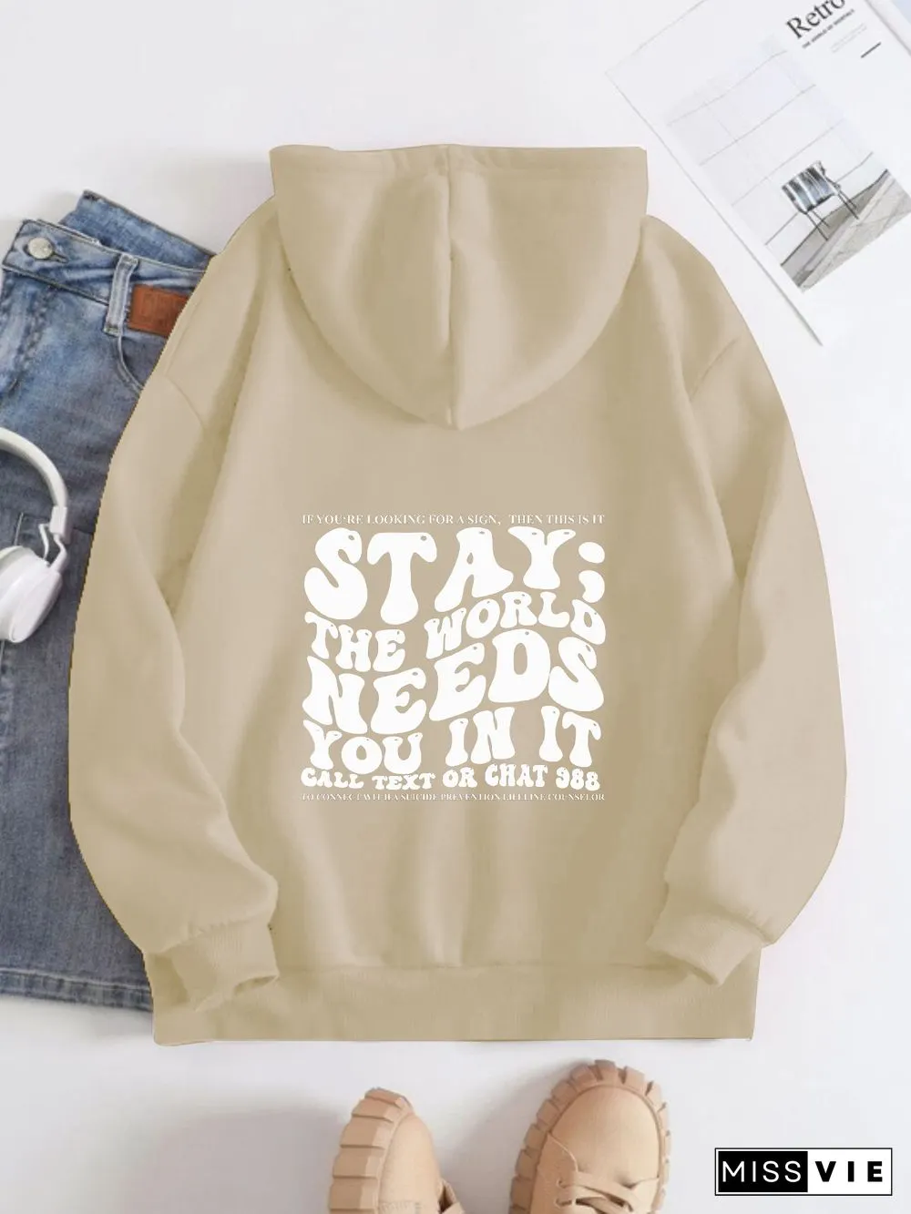 Printed Back Kangaroo Pocket Hoodie Long Sleeve for Women-Pattern Stay The World Needs