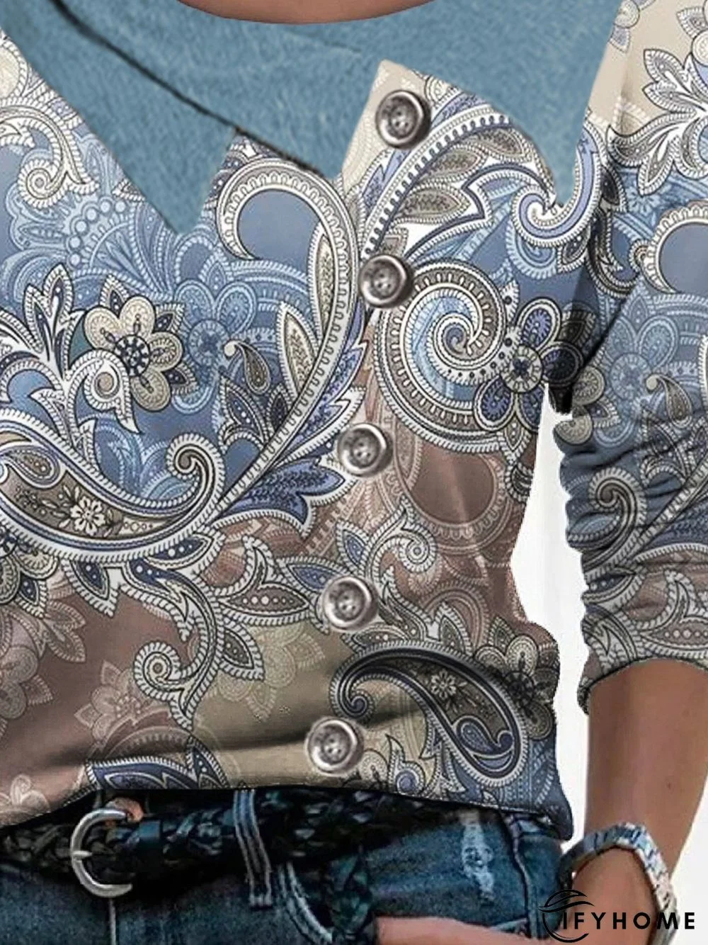 Paisley Long Sleeve Asymmetrical Neck Buttoned Casual Top | IFYHOME